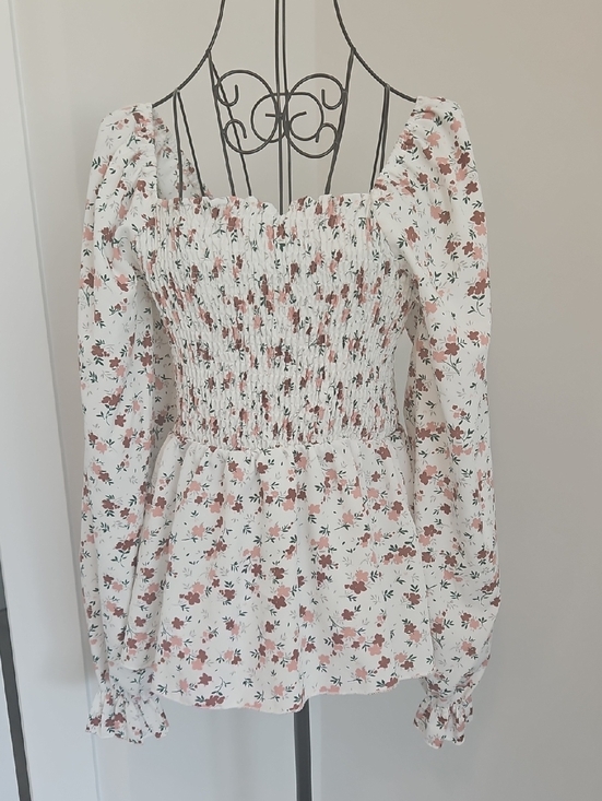 SHEIN Tops - SHEIN White Floral Smocked Square-Neck Blouse with Dusty Rose Print